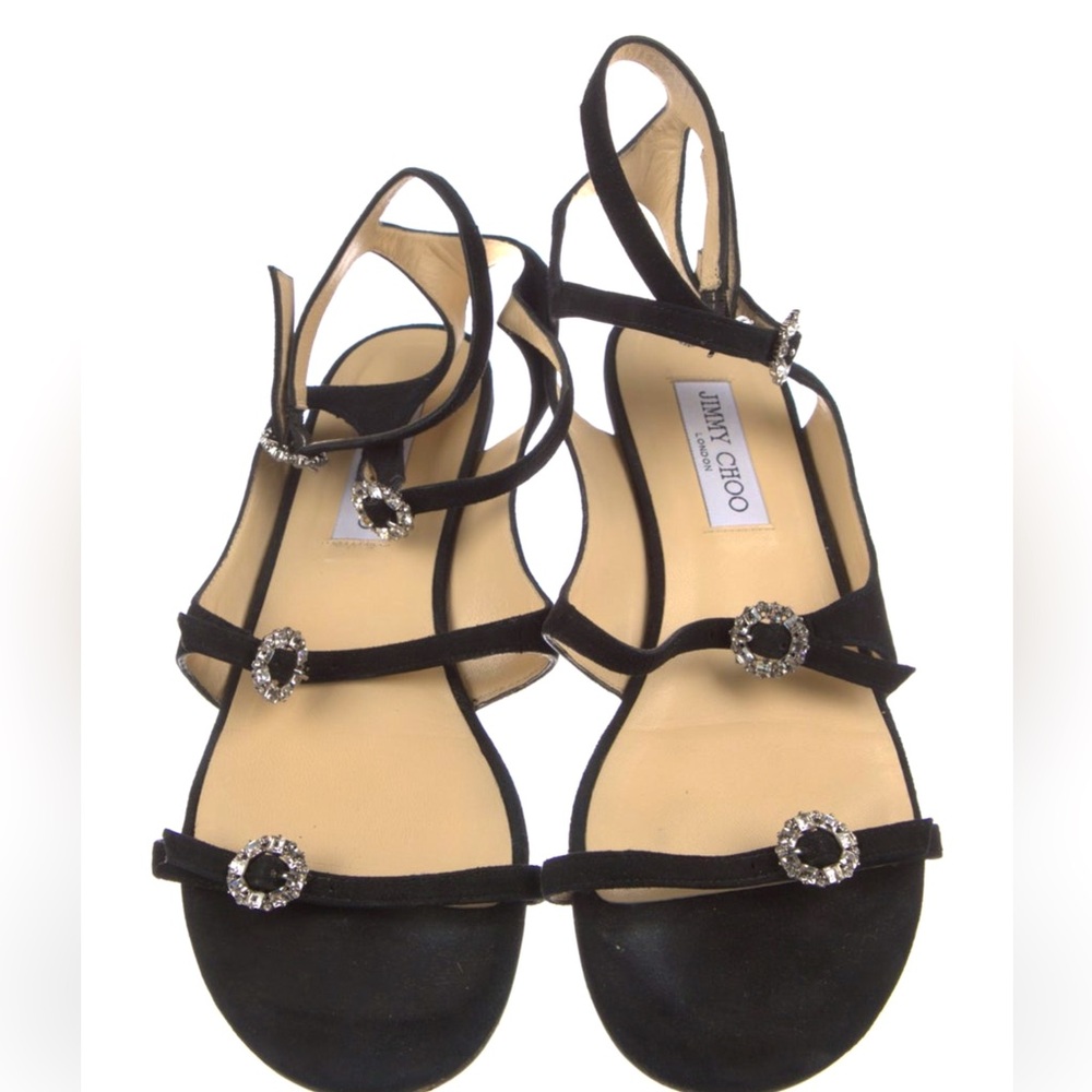 Jimmy Choo Naia black Suede Crystal Buckle Gladiator Flat Sandals 40